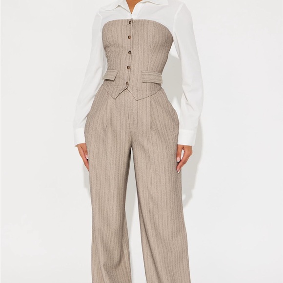 Fashion Nova Pants - Tailored Beige Pinstripe Strapless Jumpsuit